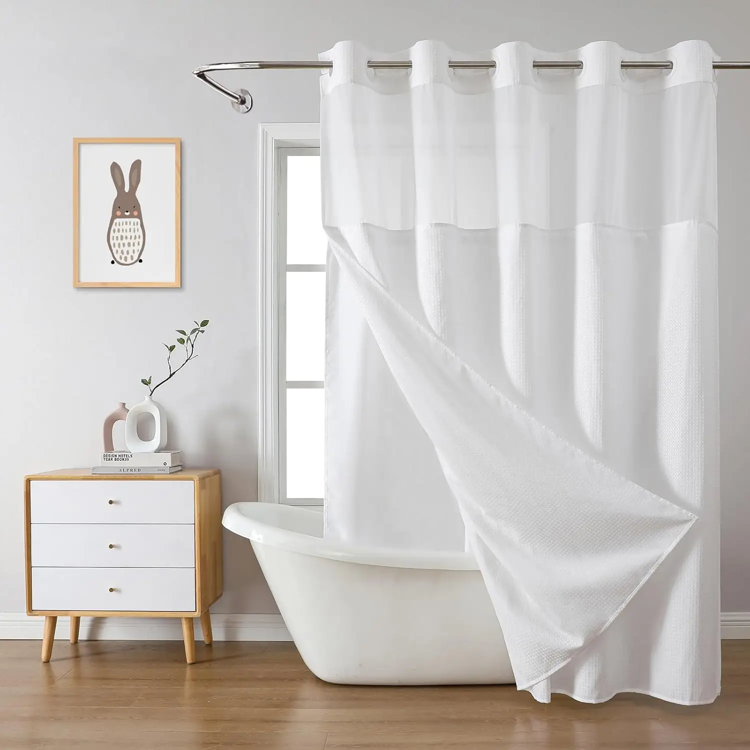 

White Waffle Weave Shower Curtain with Snap-in Liner, Waterproof Fabric for Bathroom, 71Wx74H