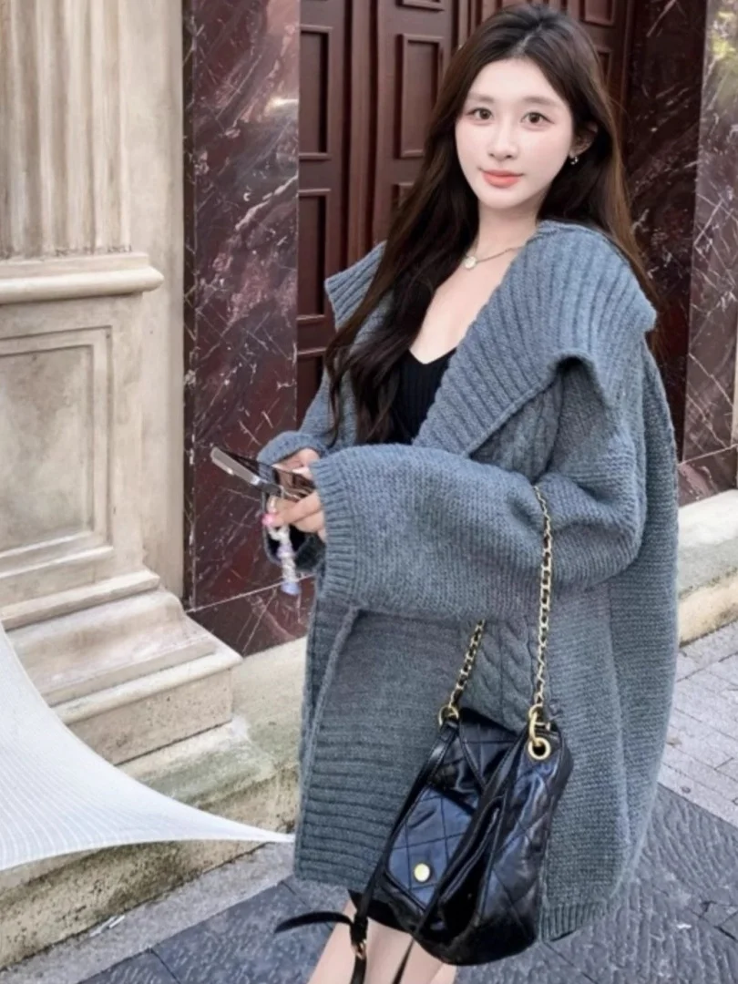 

Women's Thiened Knitted Sweater Coat Large Collar Loose Lazy Sle High-End Feeling Autumn Winter New Korean Sle Cardigan
