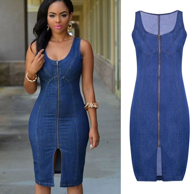 Summer Women 2023 Skinny Denim Dress Front Split Zip Up Patchwork Oneck Camisole Tank Knee Length Bodycon Pencil Female Dresses