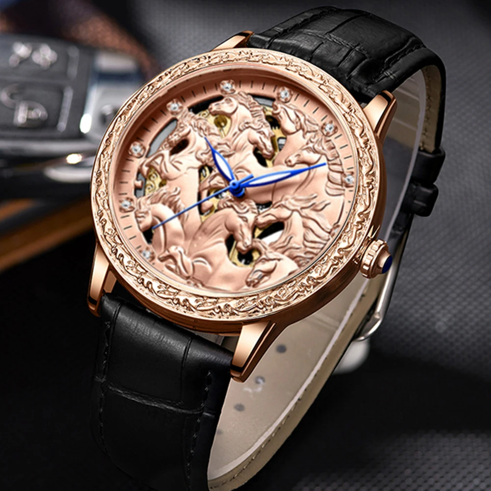 Cool Horse Watch Men Business Automatic Mechanical Watches Male Retro Carved Hollow Waterproof Clock Leather Strap Reloj Hombre