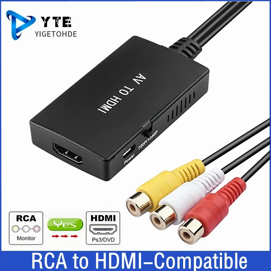 RCA-HDMI 호환 오디오 비디오 컨버터 AV2HDMI-compatible 어댑터, 지지대 1080P PAL/NTSC, PS2 PS3 XBOX VHS 블루레이 DVD