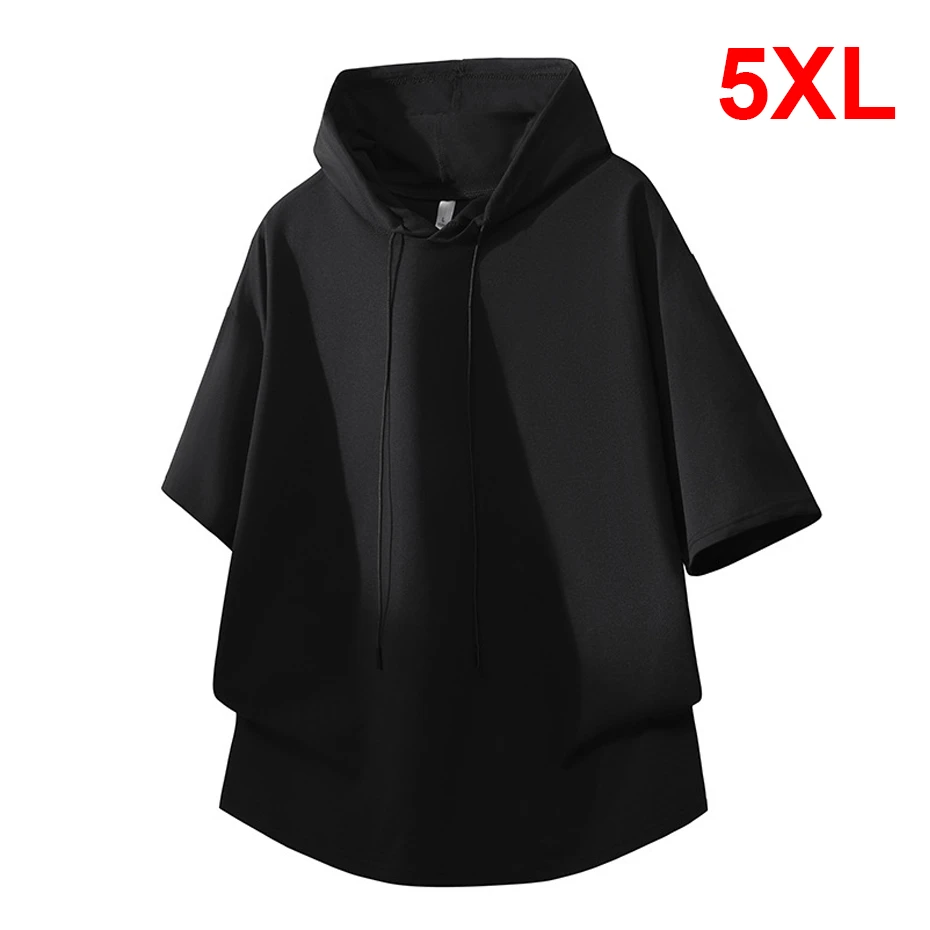 Летняя мужская футболка с капюшоном 5XL, черная, модная, повседневная, однотонная, больших размеров, 5XL