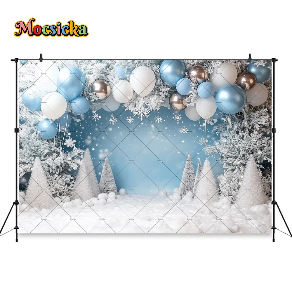 Winter Baby Birthday Photography Background Blue Balloon White Snowflake Xmas Tree Frozen Wonderland Backdrop Newborn Baby Photo