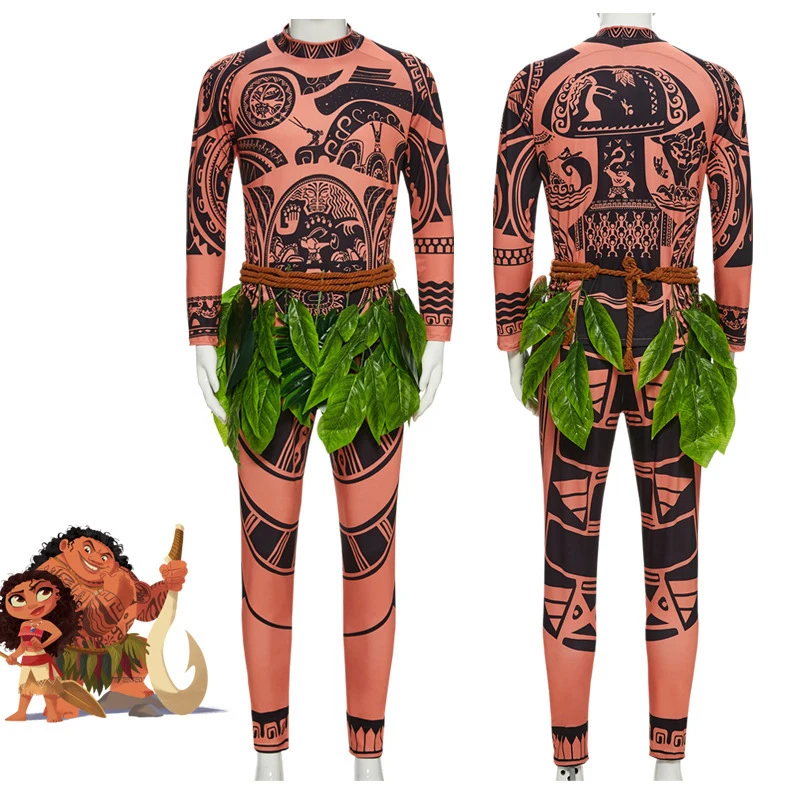 3PCS Moana Maui Tattoo Cosplay Costume Adult Child Halloween Anime Moana Girls Boys Party Carnival Cosplayer Clothing Suit