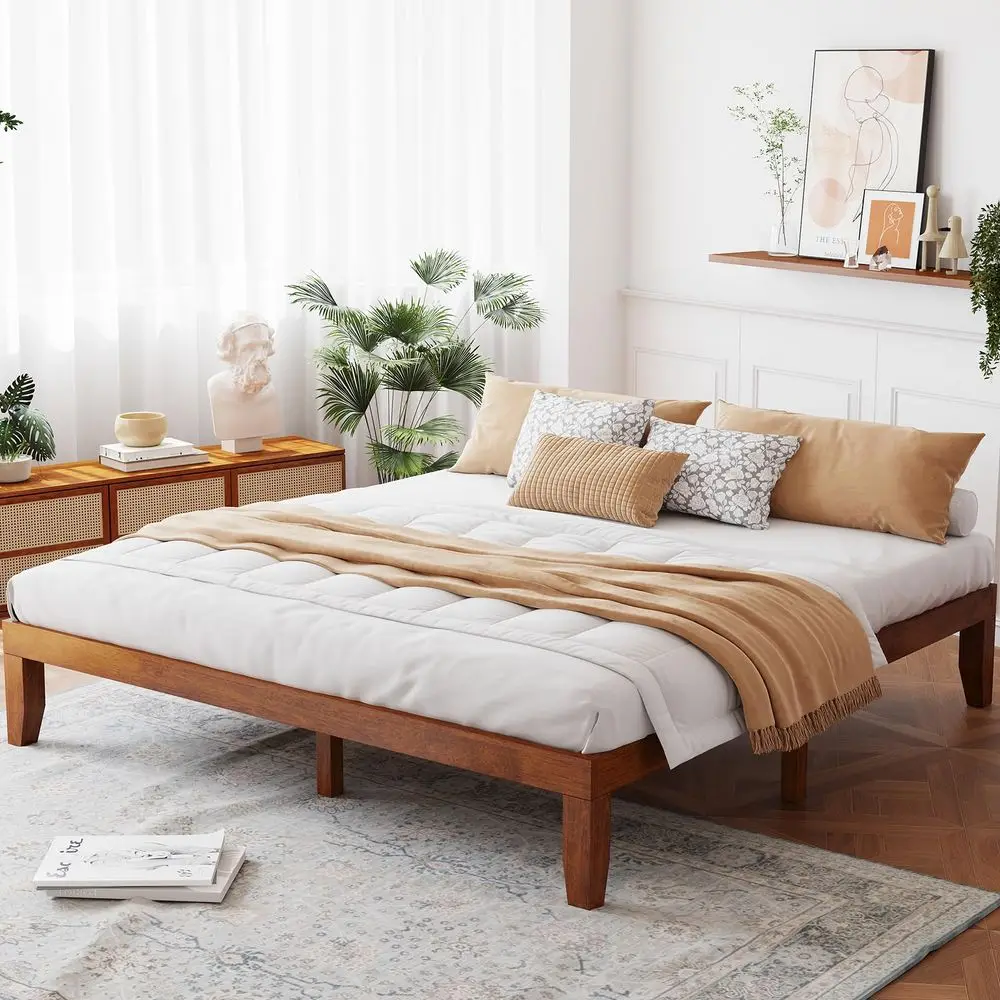 14 Inch King Wood Platform Bed Frame, Minimalist Style Mattress Foundation with Solid Rubber Wood, Heavy Duty Slat Support, Wit