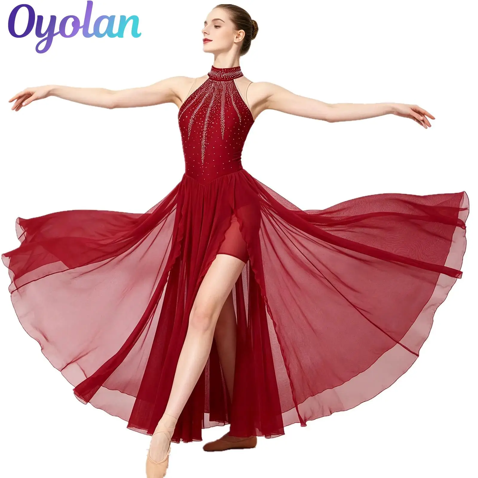 Womens Modern Contemporary Ballet Lyrical Dance Costume Gymnastics Acrobatics Sparkling Rhinestones Split Maxi Dress Dancewear