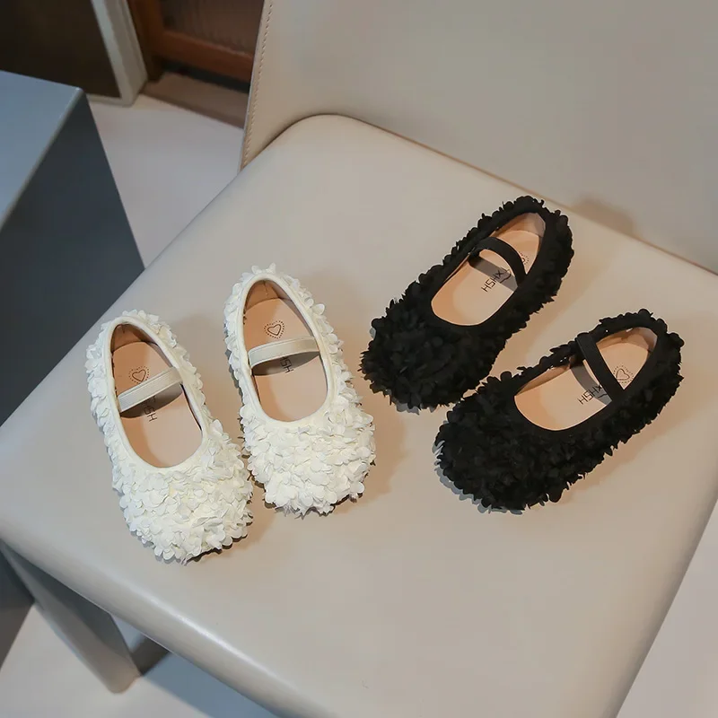 

Girl's Princess Shoes Flower Elegant Spring Shallow Kids Flat Shoes Elastic Band Wedding Cover Toe Black Beige Children Shoe