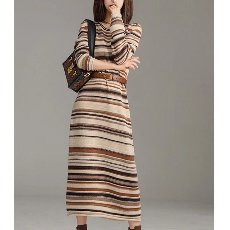 

2023 Autumn and Winter New Versatile Commuting Women's Clothing Stripe Printed Round Neck Long Sleeve High Waist A-line Dress