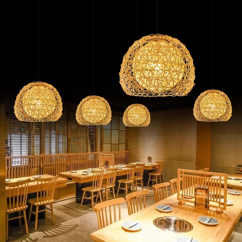 Japanese Retro Hand Knitting Rattan Weaving LED Pendant Lamp Personality Sesame Ball Restaurant Cafe Study Bedroom Hanging Light