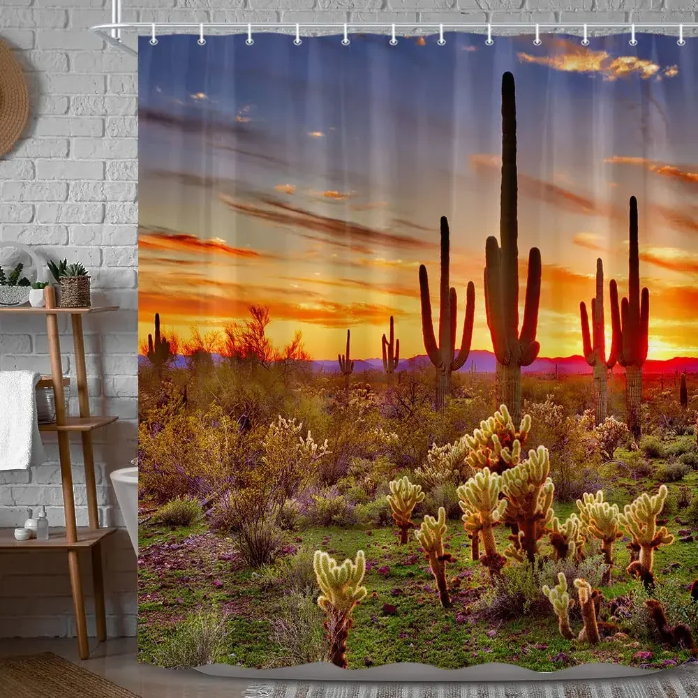 Cactus Shower Curtain,Western Nature Wild West Nature Sunset In Sonoran Desert Near Phoenix Fabric Saguaro Bathroom Curtain Sets