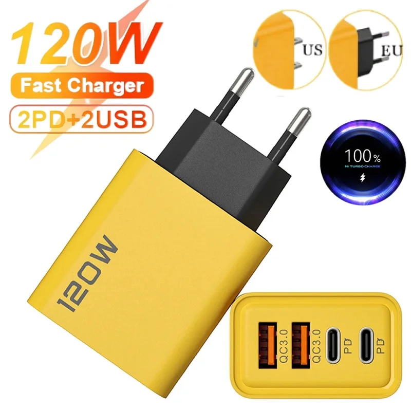 120W 4 Ports Fast Charge USB C PD Charger QC3.0 USB Type C Phone Charger Fast Charging Adapter For iPhone Samsung Xiaomi Huawei