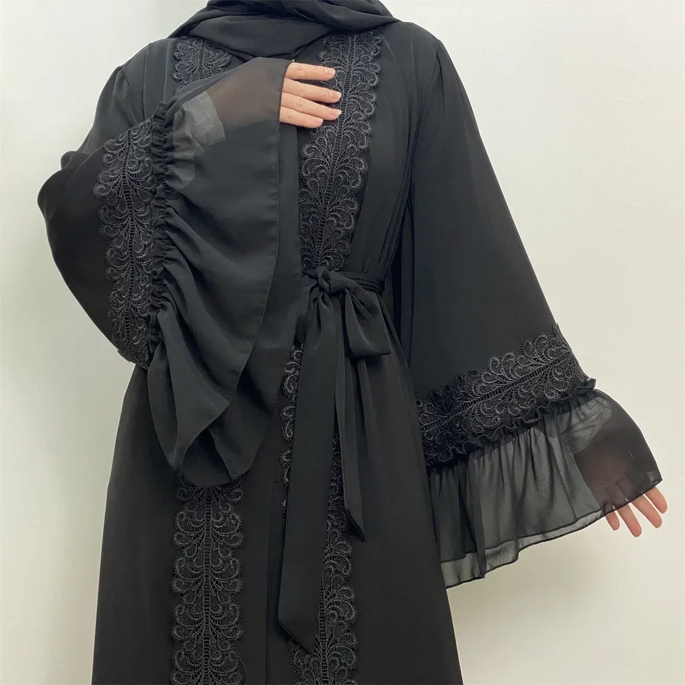 Ramadan Lace Embroidery Open Abaya Dubai Turkey Kaftan Muslim Dress Women Kimono Robe Femme Caftan Islam Clothing Kebaya Abayas