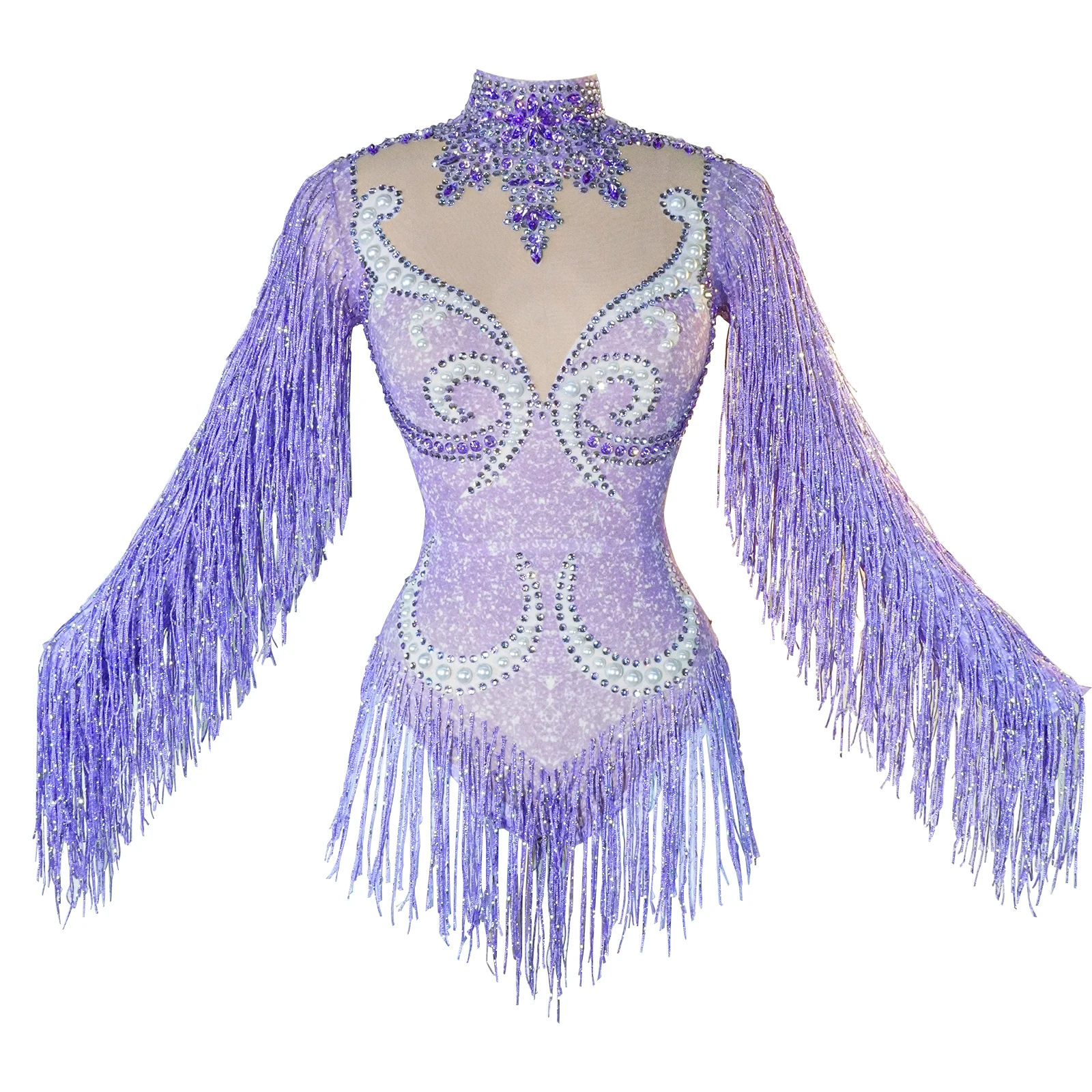 Custom Sexy fringe rhinestones bodysuit women team dance performance tights Club bar stage show leotard Mesh perspective costume