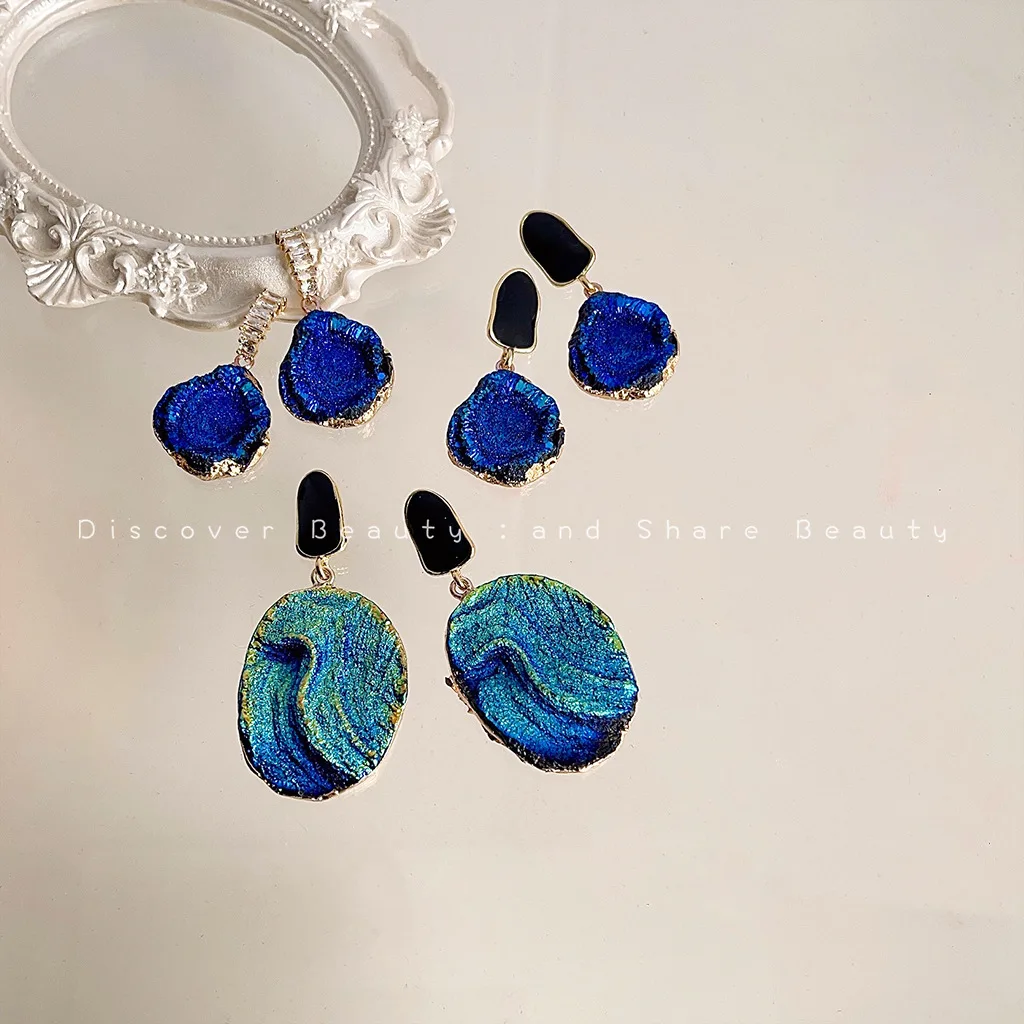 

DIY accessories Klein blue texture earrings women's niche light luxury high-end zircon stud earrings personality exaggerated tem