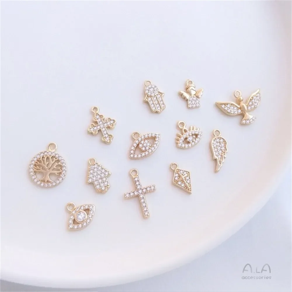 Micro Set Zircon Small Charm Series 14K Gold Solid Angel Eye Palm Cross Wing Ornament Charms Pendant K463