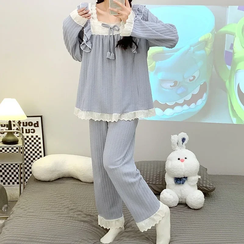 5XL Plus Size Korean Sleepwear Women Pajama Sets Solid Piiama Spring Sets 2 Pieces Cute Long Sleeve Night Wears Loose Home Suit