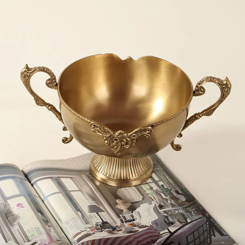 European French retro carved binaural brass fruit plate ornament, high-value exquisite home desktop decoration