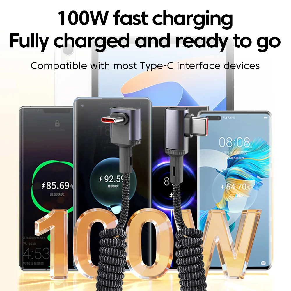 100W Car Spring USB Type C To Type C Cable 90° Elbow USB C Fast Charging Data Cable For iphone 17 16 15 Phone Tablet Laptop