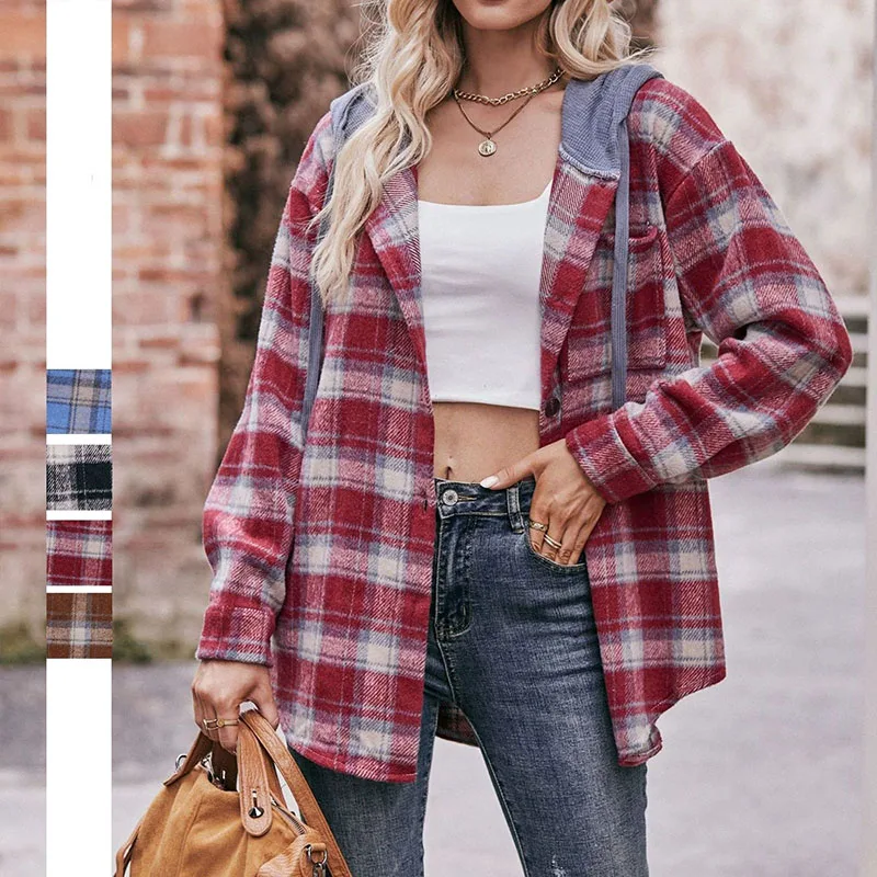 Women Hooded Plaid Shirts Women Jacket Fall Winter Streetwear Button Up Blouse Female Casual Loose Oversized Check Flannel Shirt