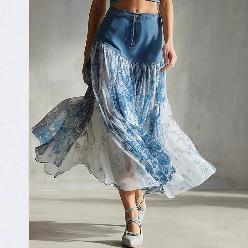 Retro Vacation Style Blue Denim Patchwork Print Chiffon Midi Dress Dresses Spring Summer
