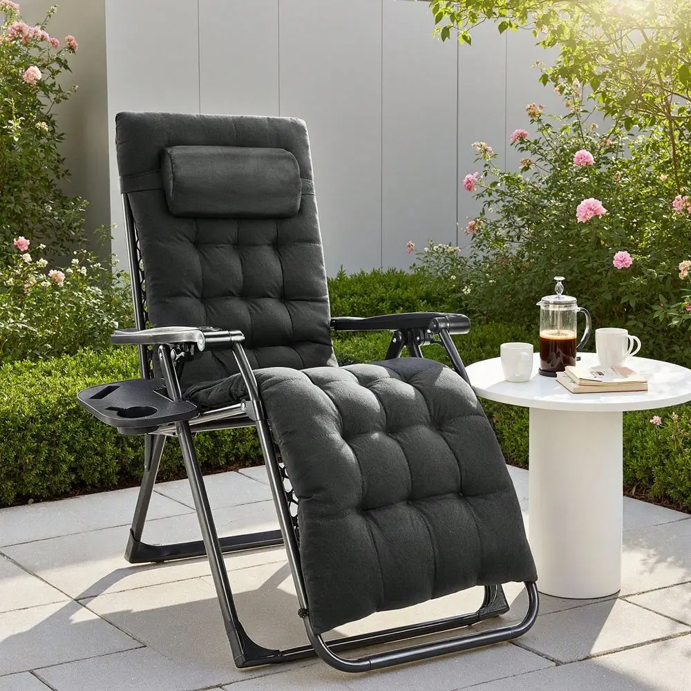 

Zero Gravity Chair, Reclining Camping Lounge Chair, Reclining Patio Chairs With Cup Holder Trays And Removable Cushion, Folding
