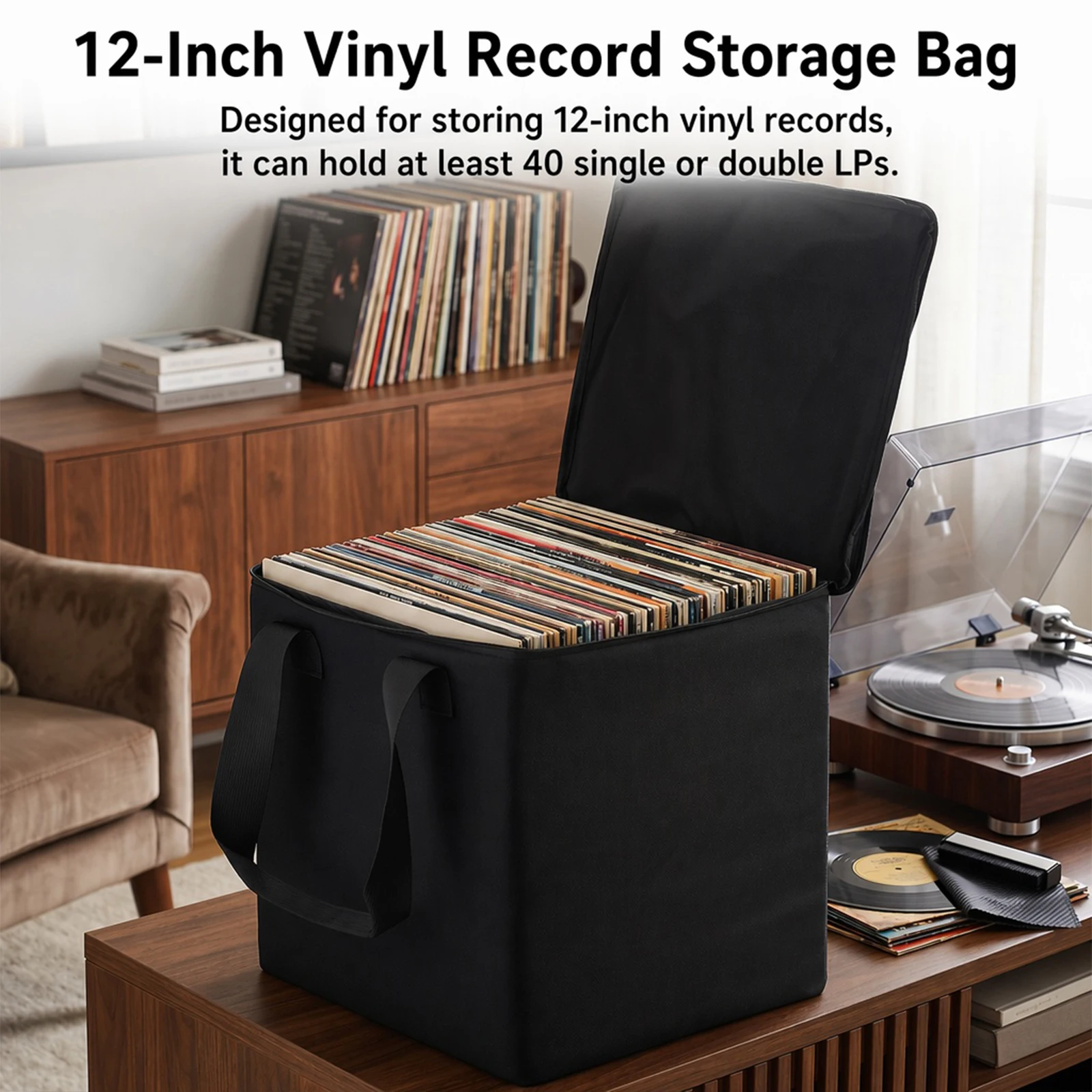 12-inch Vinyl Record Storage Bag with Lid & Handle LP Storages Organizer Crate Albums Storage Carrying Case for Valuable Album