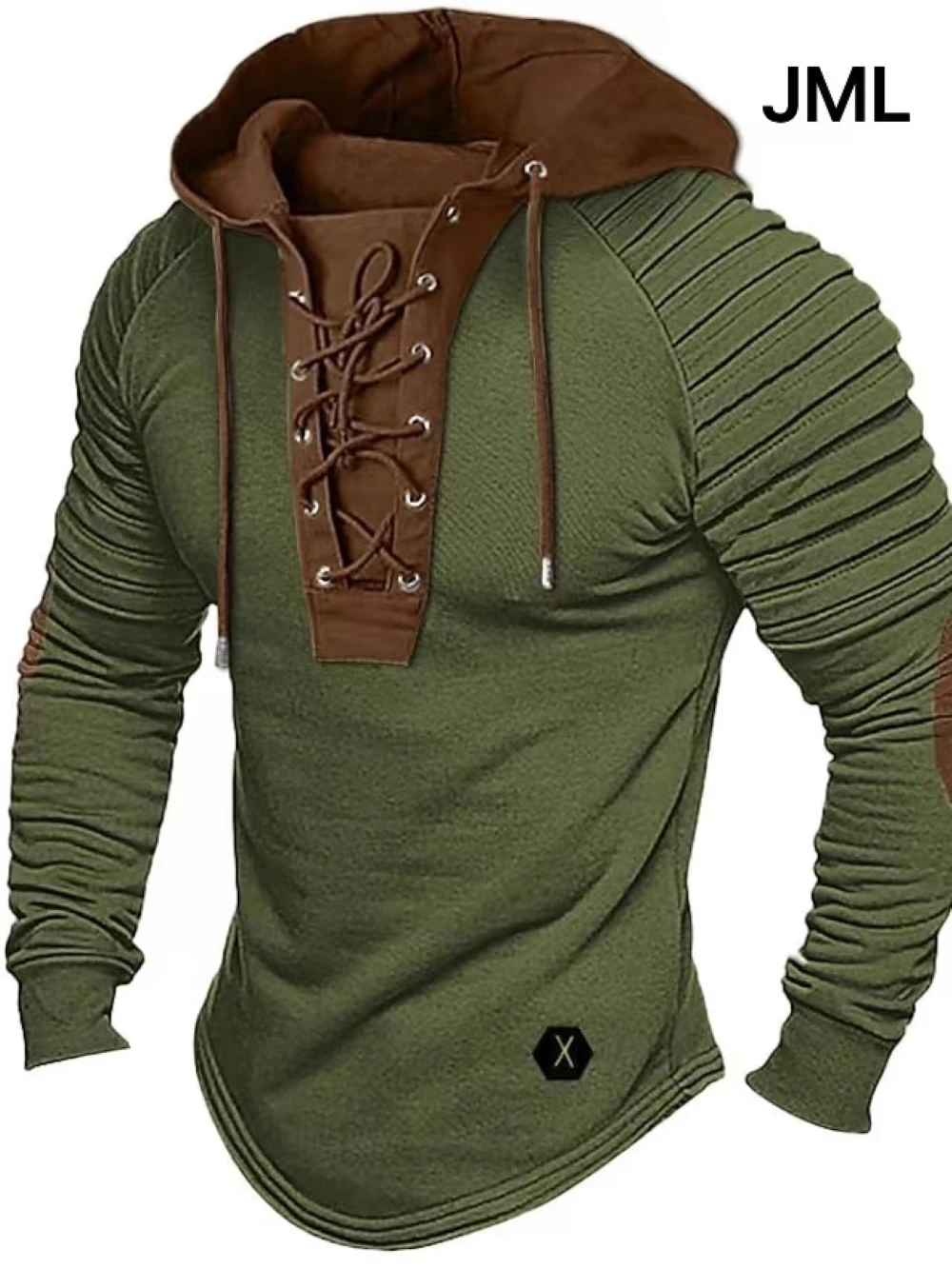 Men\'s Solid Color Casual T-shirt Top, Long Sleeved Shirt, Slim Fit Pleated Hood, Street Vacation Lace Up Patchwork Clothing