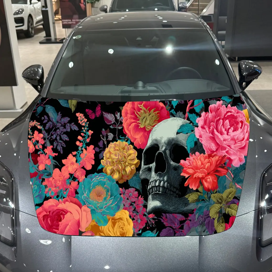 Car Decal Skull with Colorful Floral Artistic Background & Mystic-Eclectic Gothic Macabre Aesthetic Car Hood Sticker, Waterproof