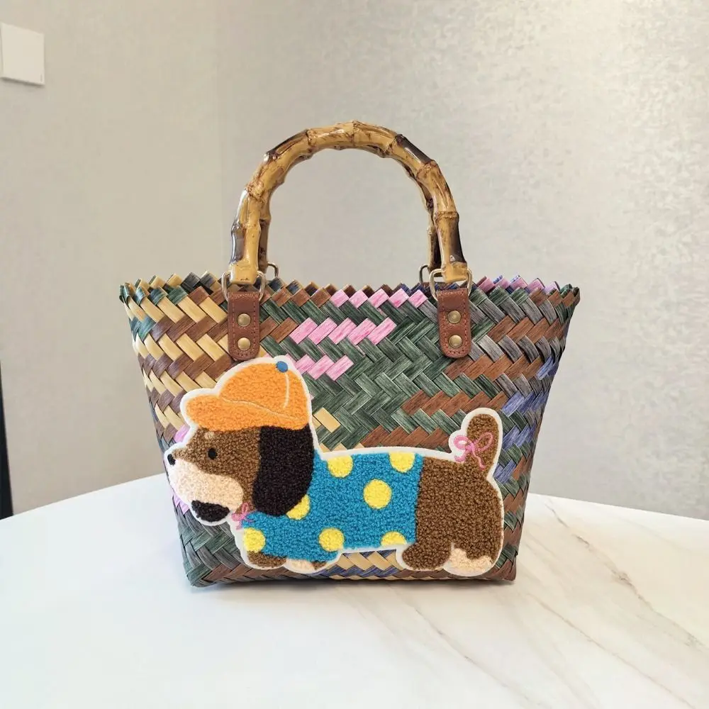 

New Retro Colorful Wicker Woven Bag Large Capacity Bamboo Handle Casual Shopping Tote Weaving Basket Summer Season