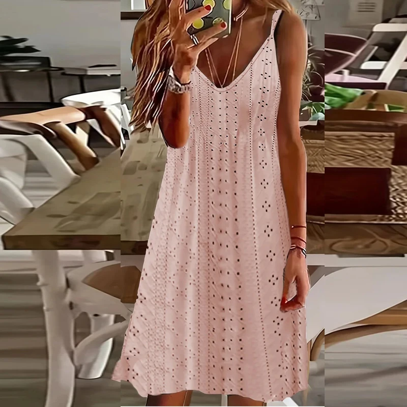 2025 المرأة الصيف منتج جديد قطع الجاكار الخامس الرقبة قبالة الكتف حبال بلون فستان جوفاء مثير فساتين بلا أكمام = #3