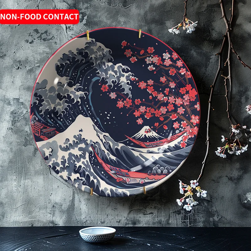 1pc Japanese Wave Floral Hand-Painted Ceramic Wall Art - Round Decorative Plate with Vibrant Ocean and Cherry Blossom Design,