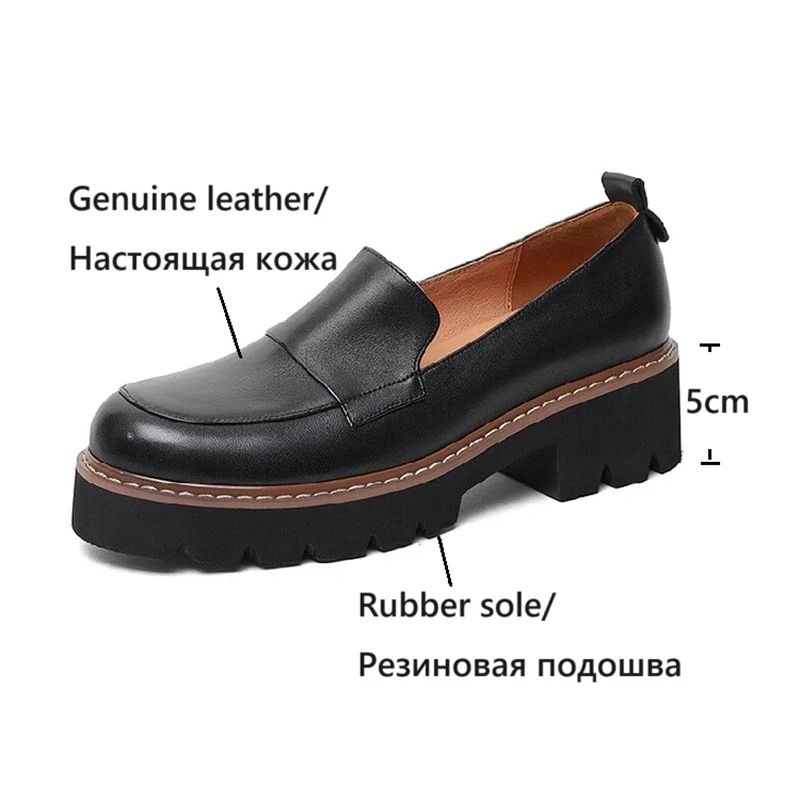 Mocasines de piel auténtica para mujer, zapatos de plataforma con punta redonda y tacón grueso, novedad, otoño/primavera