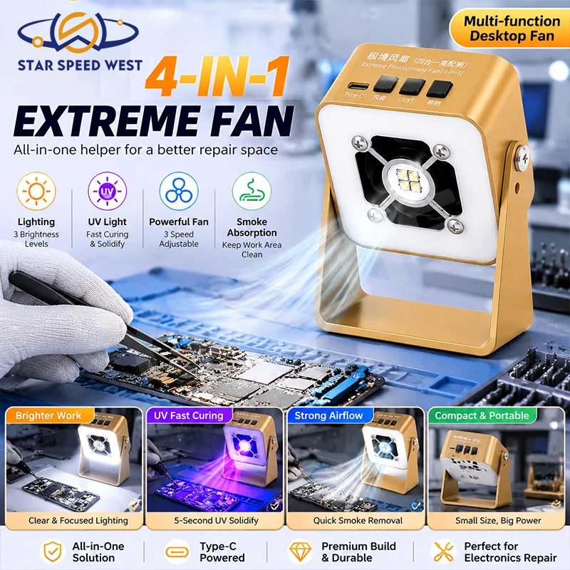 KEGUAN Extreme Environment 4 in 1 High End Fan UV Light Curing Lamp For Phone Soldering Smoke Absorber Cooling Repair Tools