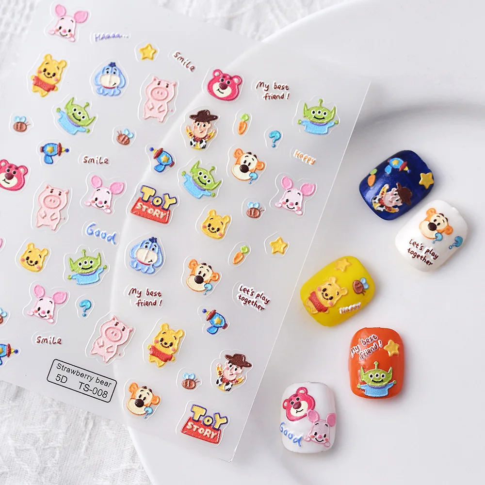 Disney Anime Winnie the Pooh Mickey 5D Embossed Nail Decals Nail Decorative Nail Parts Stitch Nail Stickers Nail Art Supplies