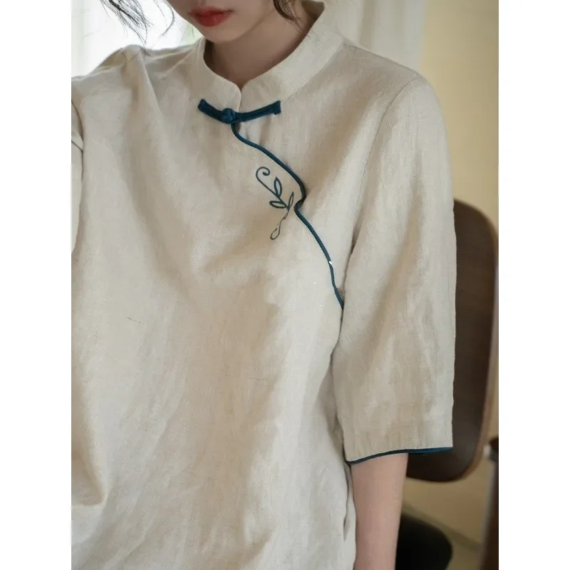 2024 Autumn Elegant Traditional Clothing Women's Retro Cotton Linen Stand Collar Embroidered Half Sleeve Loose Cheongsam Dress