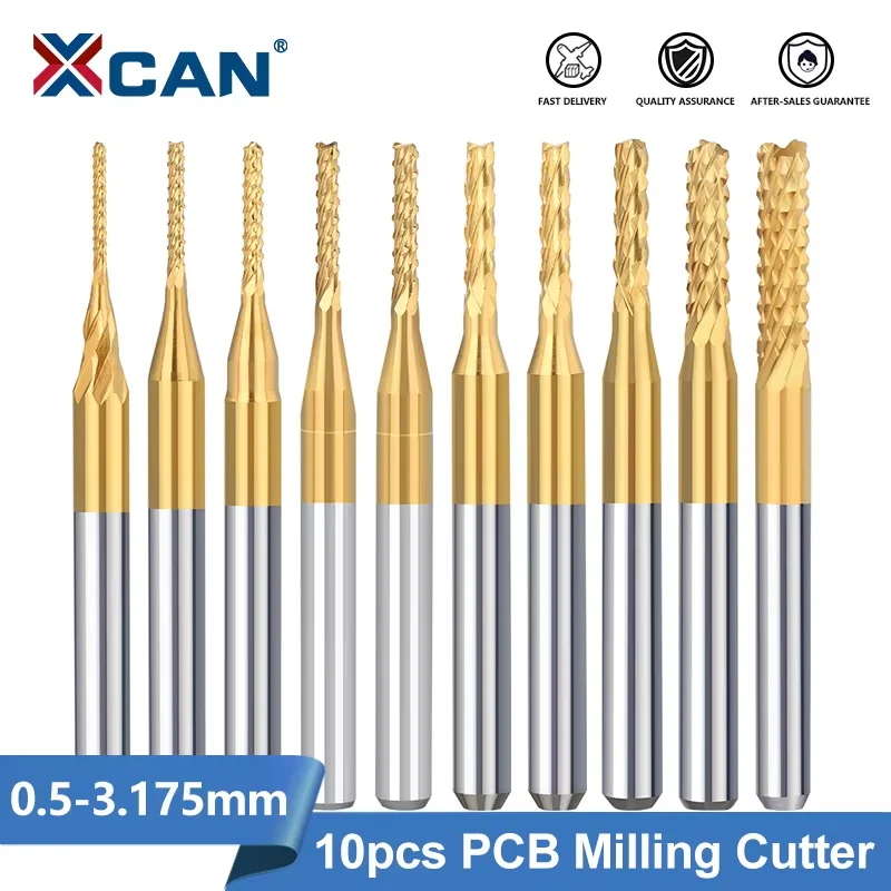 

XCAN PCB Milling Cutter 10pcs TiN Coated 0.5-3.175mm CNC Router Bit 3.175mm Shank Carbide End Mill for PCB Machine Milling Tools