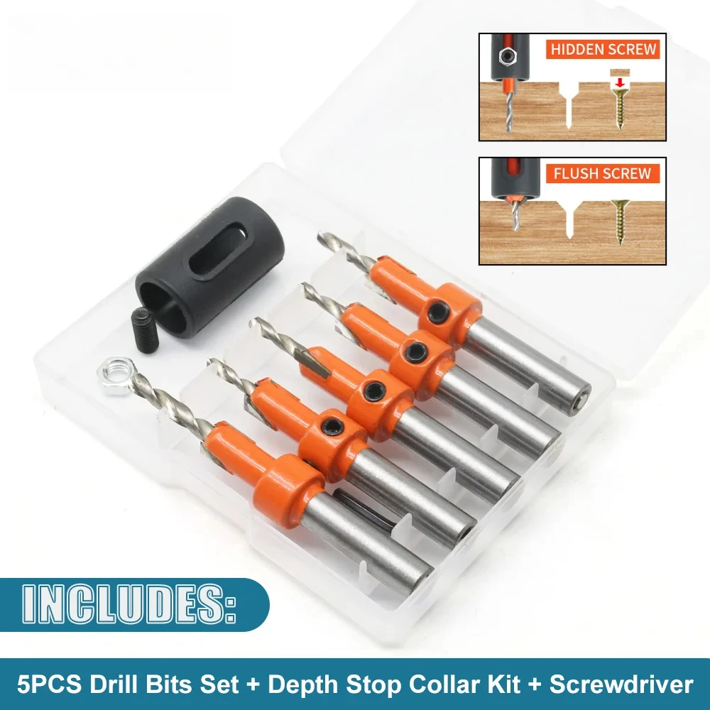 Forstner Bit Countersink Drill Bit Limit Drilling Depth Woodworking 5PCS Set 8mm Shank Screw Extractor Demolition Wood Drilling