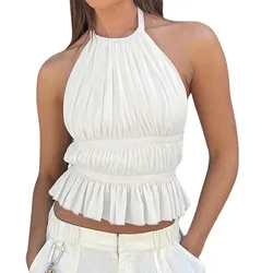 WPNAKS Women Halter Crop Tops Summer Clothes 2024 Patchwork Tied Ruffle Sleeveless Backless Vest Tops Female Clothing Sexy Club