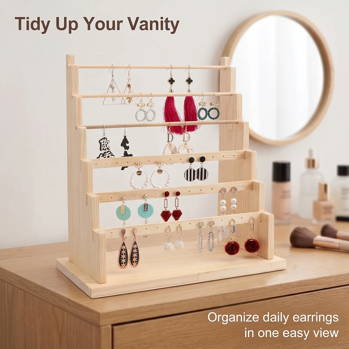

6-Tier Wooden Earring Organizer, Stair-Step Jewelry Display Stand with Hooks & Holes for Earrings & Studs