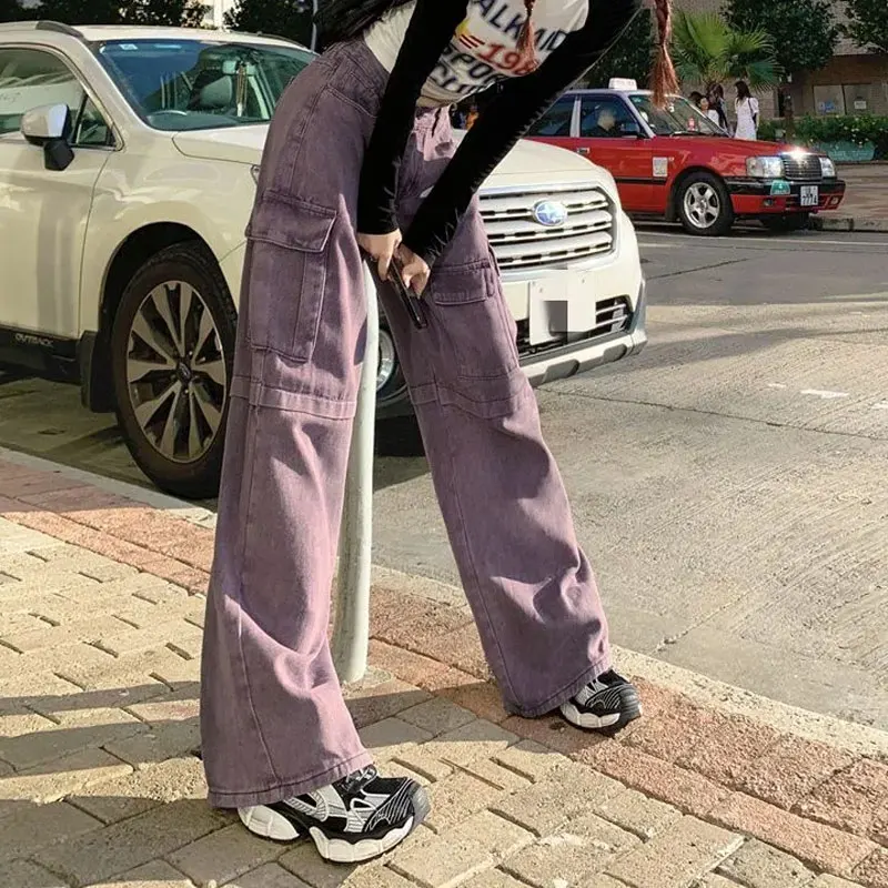 High Street Pockets Spliced Loose Trousers Female Clothing High Waist Cargo Pants American Wide Leg Safari Style Casual Jeans