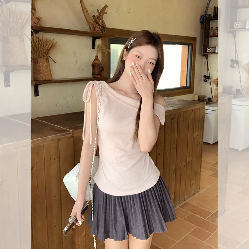 High-End Unique Swing Collar Off-Shoulder Ruched Slimming Short Sleeve T-Shirt for Women Summer Outfit Sleeveless Pure Desire