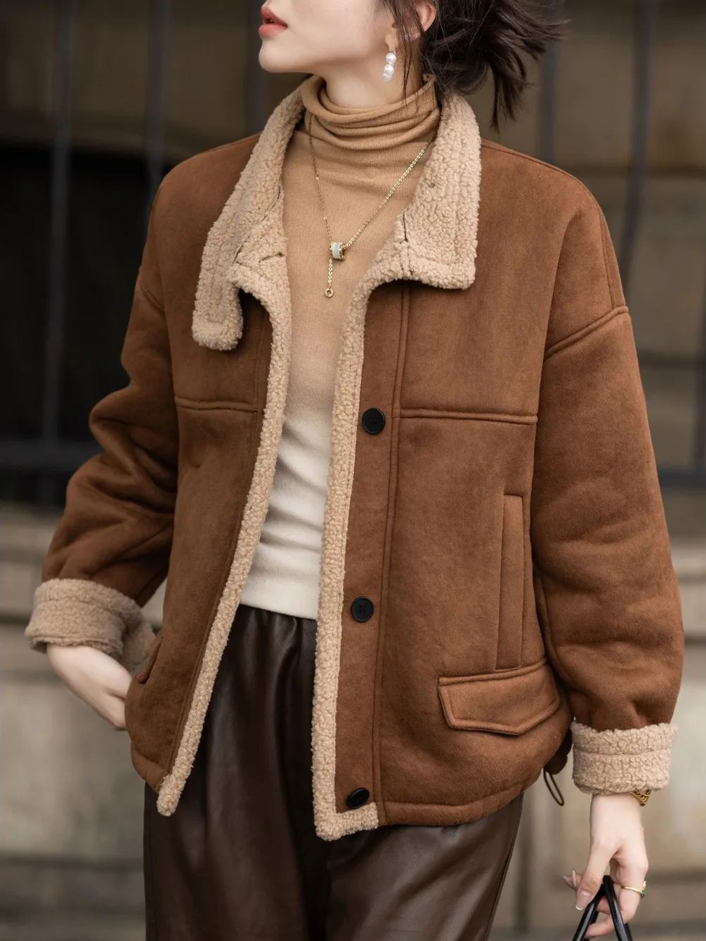 여성용 바이커 재킷 양털 안감 스탠드 칼라 스웨이드 겨울 패션 캐주얼 루즈핏 롱 코트