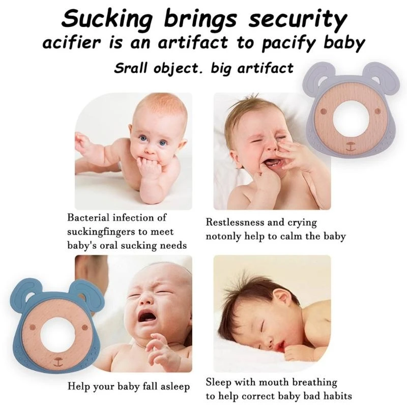 

J15U Детские силиконовые прорезыватели для зубов, мультяшные животные, медведь для головы, деревянное кольцо, погремушка для