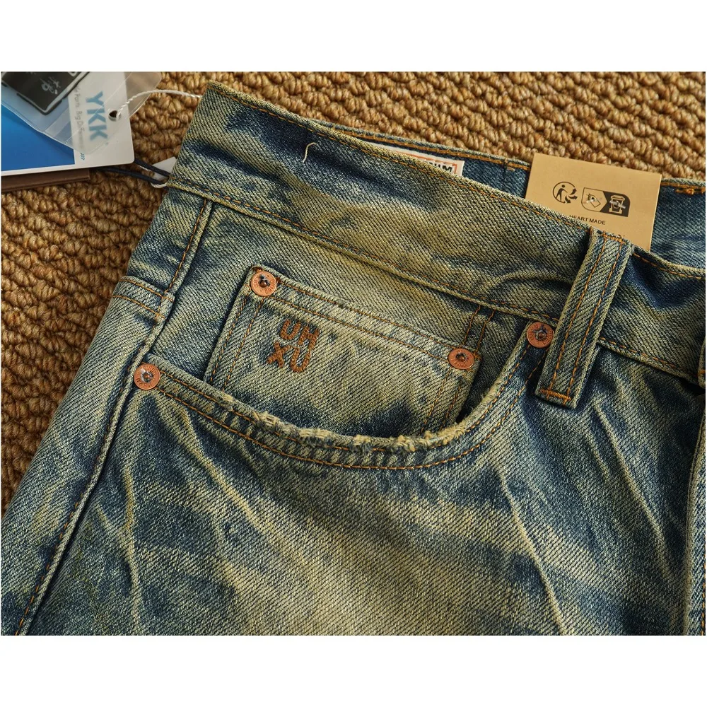 14OZ نسيج القطن الخالص السميك الثقيل الخريف والشتاء مستقيم مايكرو مخروط الضرر التصحيح اليابانية الرجعية غسل الجينز القديم الرجال