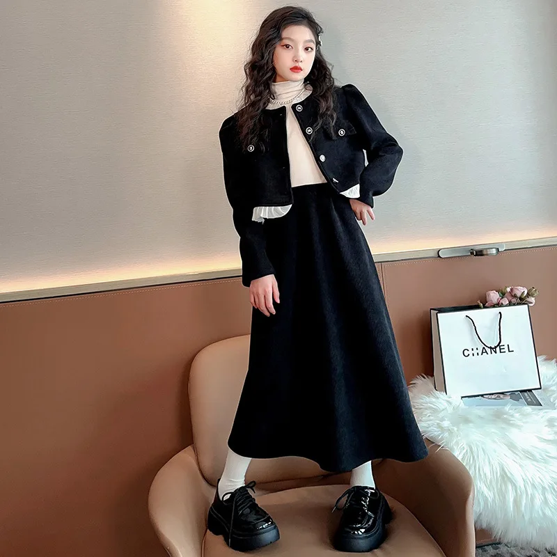 Autumn Winter Teenage Girls Clothing Set Corduroy Ruffle short Jacket+long Skirt 2 Pieces Kids Outfits Black Children Costumes