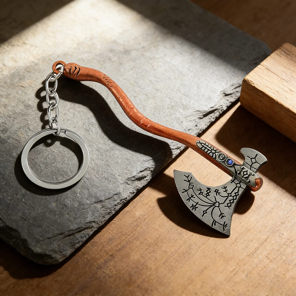God of War 4 Kratos Punk Fashion Jewelry Axe Keychains Crystal Carved Pattern Axe Pendant Key Holder Souvenir Collectible