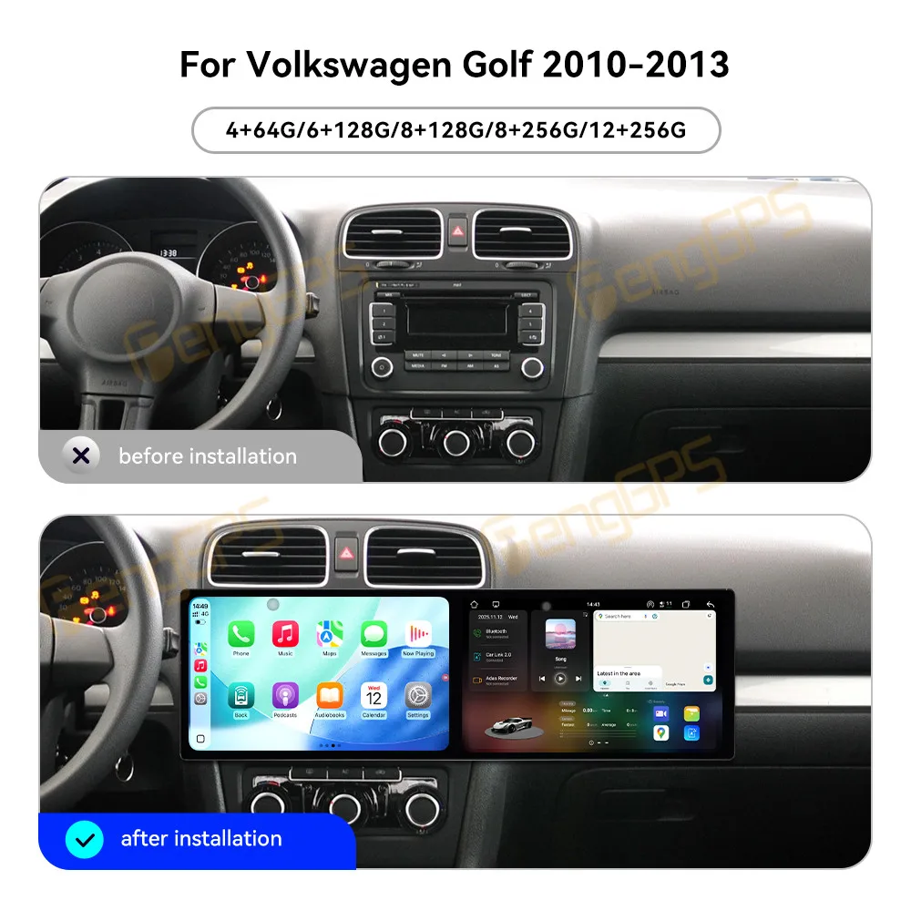 Dual Screen 10.1 Inch Android 15 CarPlay Car Radio For Volkswagen Golf 6 2010-2013 Touch Screen Multimedia Player GPS Navigation
