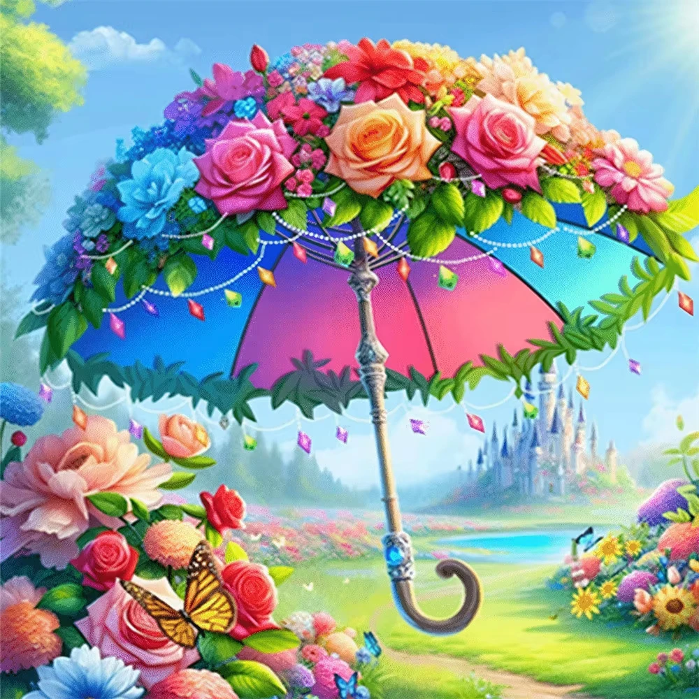 

Floral Rainbow Fairy Umbrella Jigsaw Puzzle, Pastoral Castle Lake Garden Butterfly Fantasy Home Wall Decor