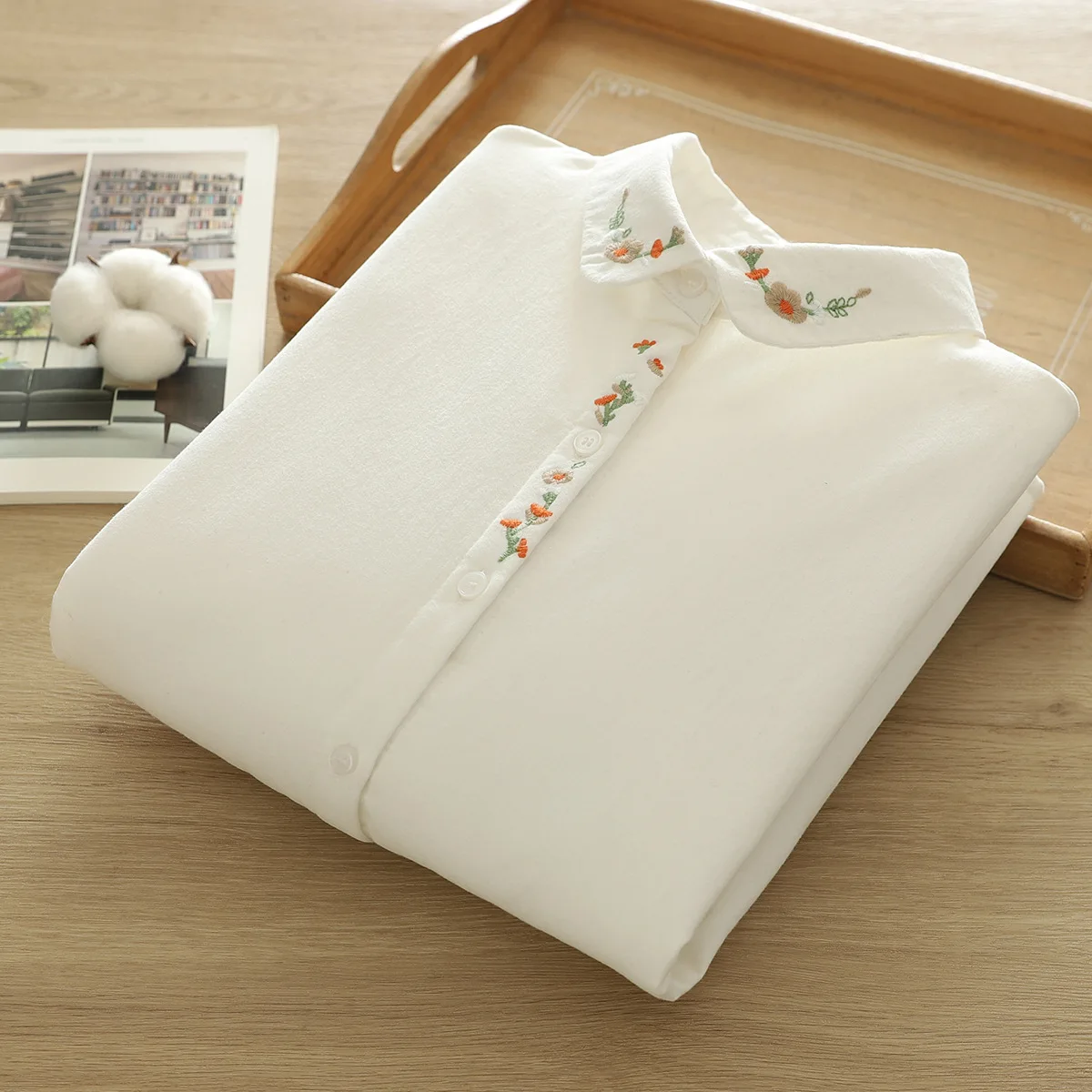 جديد 2025 الخريف قميص قطني بكم طويل الصوف ، المرأة التلبيب الأزهار التطريز ، موري فتاة مزاجه بلوزة فضفاضة دافئة T5O883CC #2