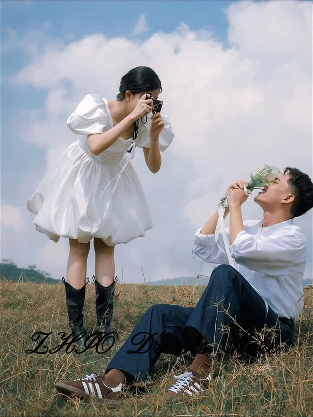 ZHIO Cute Square Collar Puff Sleeves Korea Short Wedding Dresses Satin A Line Customized Bride Photos Shoot Party Gowns